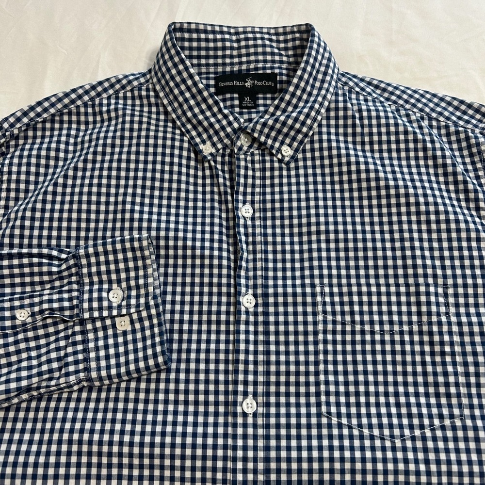 Beverly Hills Polo Club Mens XL Gingham Button Down Shirt Navy Blue White Cotton